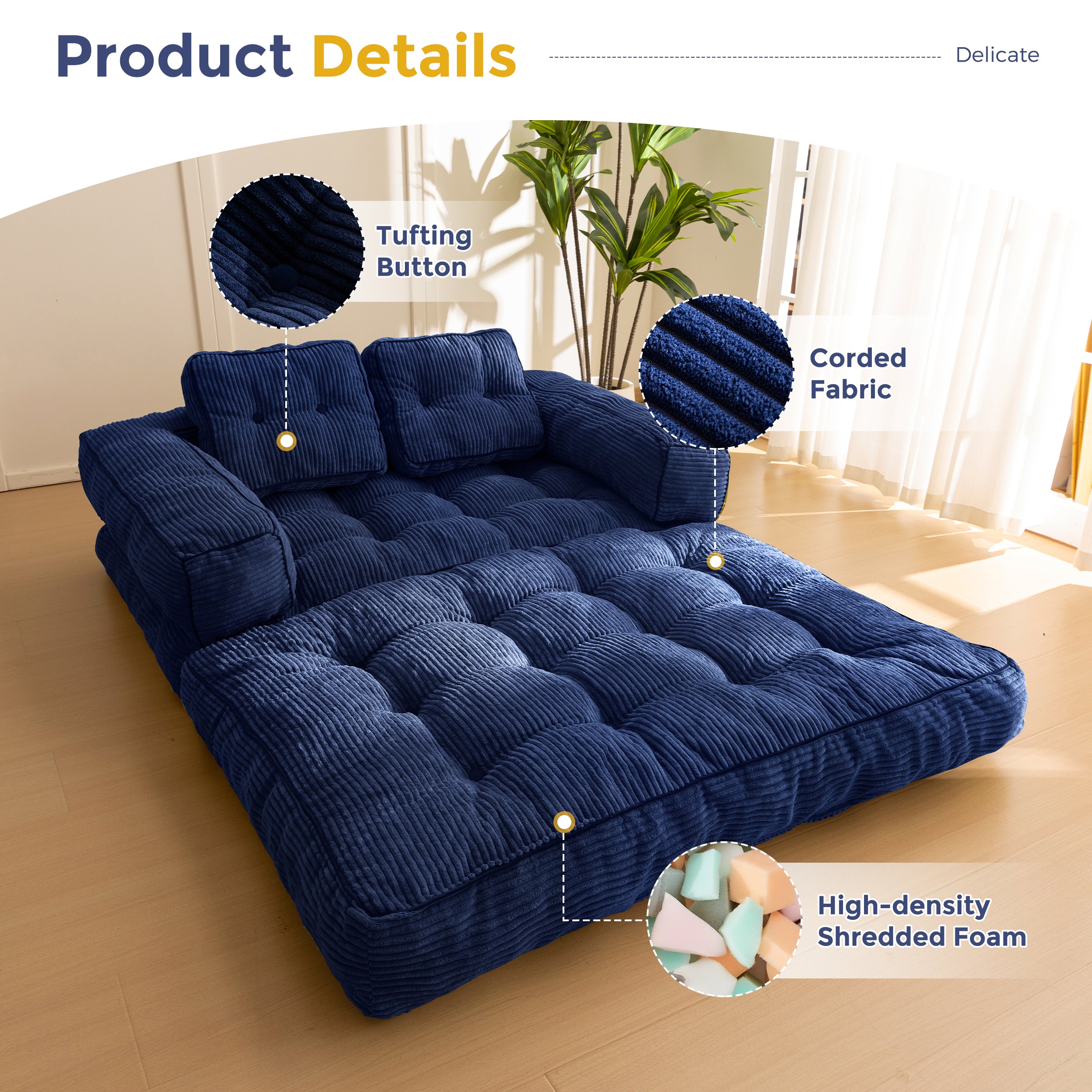 MAXYOYO L-Shaped Folding Sofa Bed - Convertible Sleeper Couch with Armrest & Pillow, Portable Foldable Floor Lounge Chair for Living Room, Bedroom, Guest Room (Double Size, Navy Blue) | Perfect for Small Spaces, Apartments & Overnight Guests