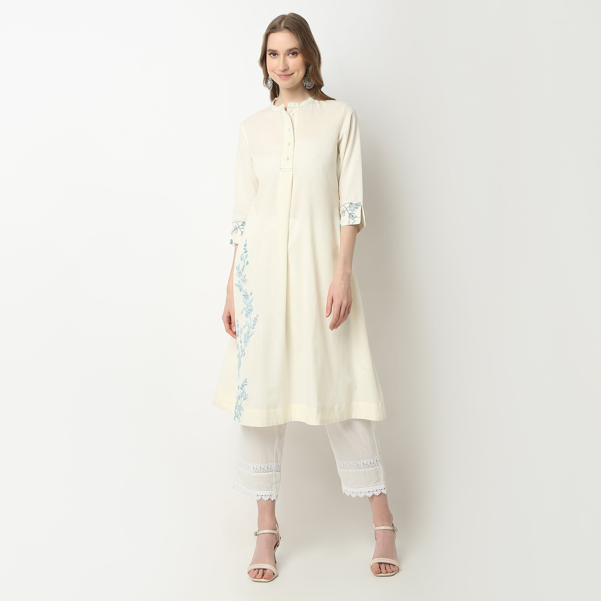 Flare Fit Embroidered Band Collar Half Placket Below Knee Kurta for Women - Elegant Indian Ethnic Tunic Top for Festivals, Weddings & Casual Wear