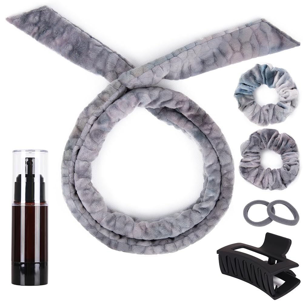 Heatless Overnight Curling Hair Roller Set - 5 Piece Velour Headband Curler with Hair Clips, Scrunchies, Spray Bottle & Storage Bag (Gray White) | No Heat Hair Styling for Beach Waves, Sleep Protection & Salon-Quality Results at Home