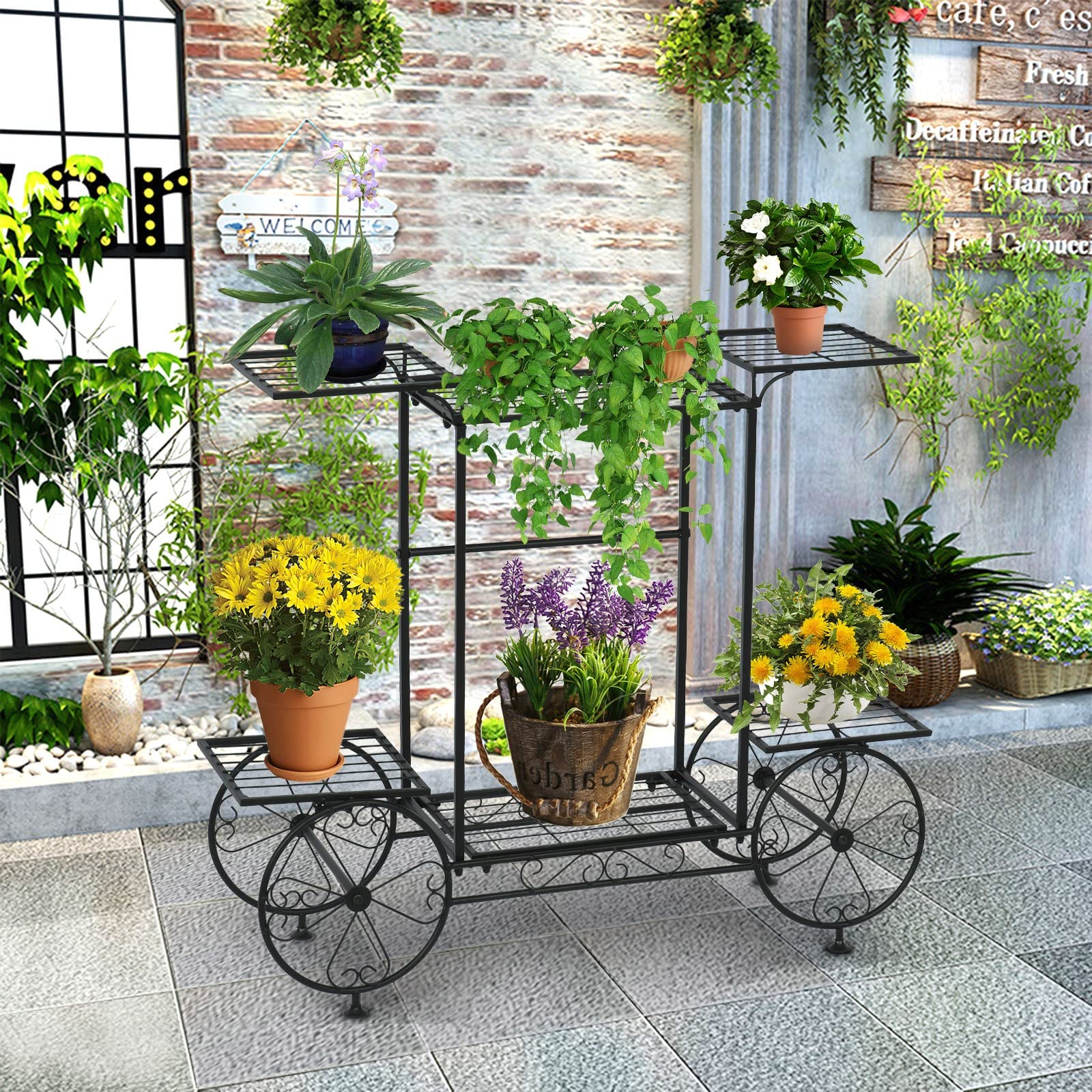 Wrought Iron Plant Stand - Multi Tier Flower Pot Display Rack for Indoor Outdoor Garden, Balcony, Yard, Porch | Heavy Duty Garden Cart Stand for Multiple Plants | Perfect for Home Decor, Fence Decoration & Plant Organization (US Stock)