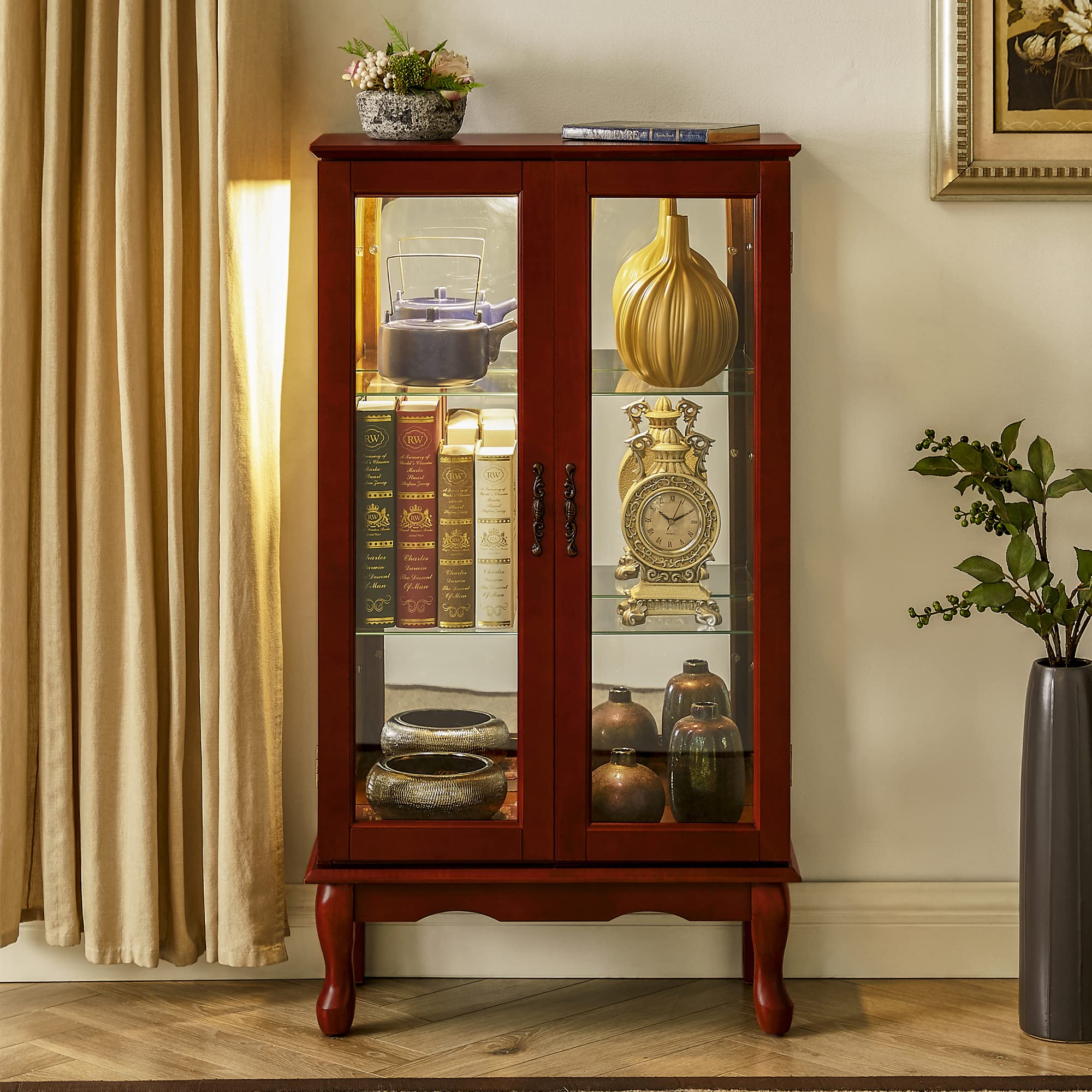 Cherry Wood Curio Cabinet with LED Lights - Glass Door Display Cabinet for Corner - Adjustable Tempered Glass Shelves & Carved Decor - Perfect for Showcasing China, Collectibles & Home Decor