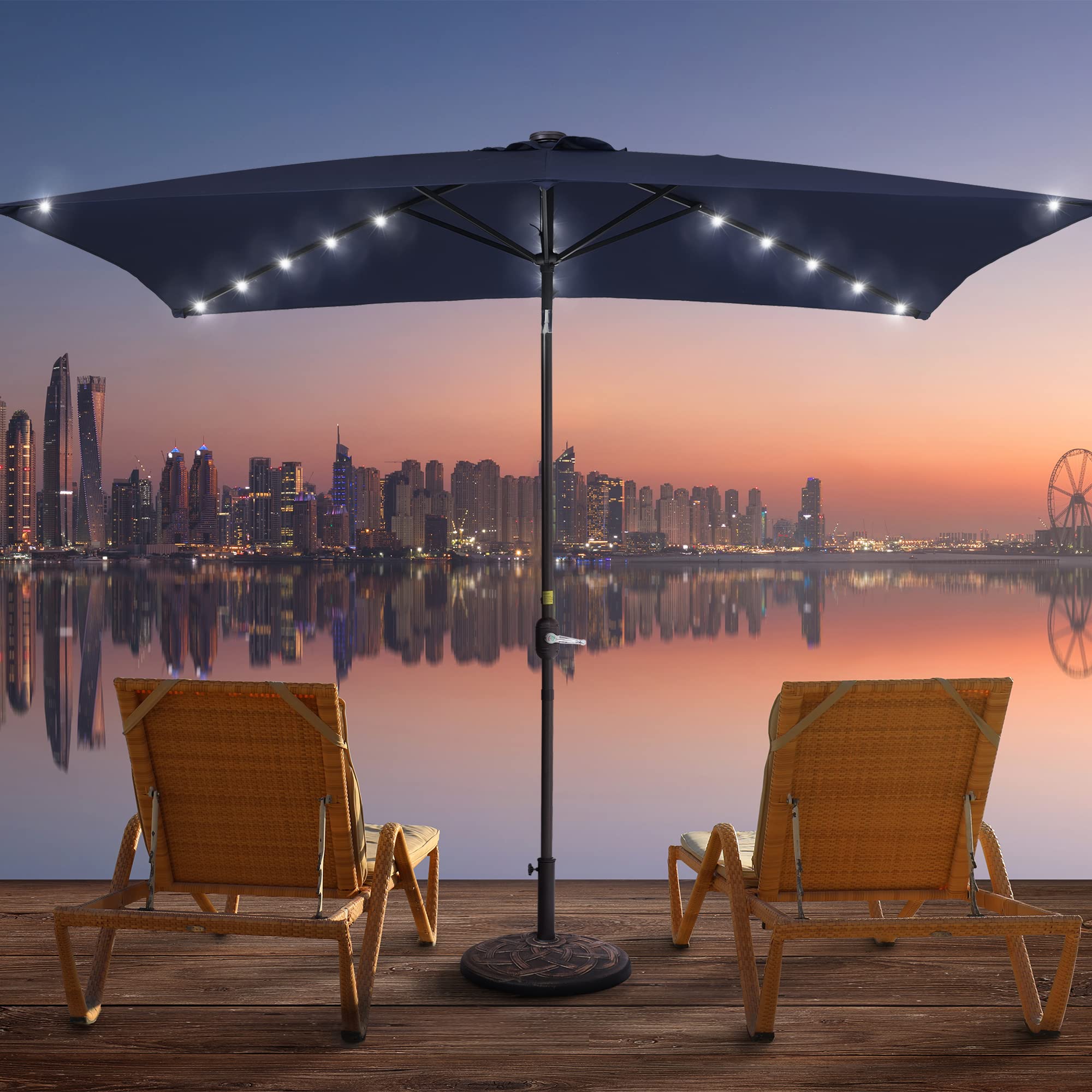 10x6.5ft Rectangle Patio Umbrella with Solar Lights - Adjustable Tilt & Crank Outdoor Sun Shade for Garden, Deck, Backyard, Pool, Beach - Perfect for Outdoor Dining, Lounging and Summer Relaxation