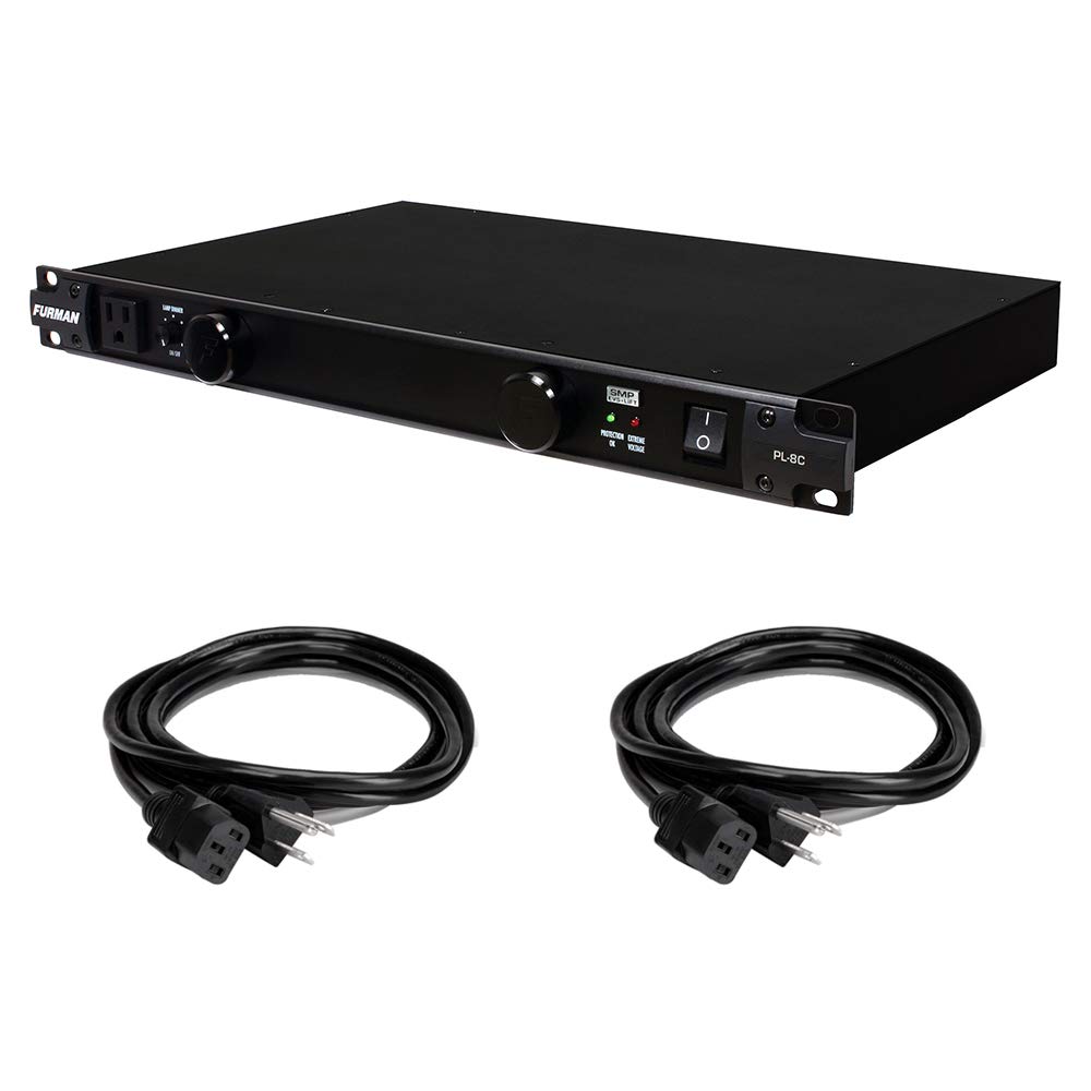 Furman PL-8C Premium Power Conditioner with 2x 18 AWG Black Extension Cables (3ft) - Perfect for Home Theater, Studio Equipment & Electronics Protection
