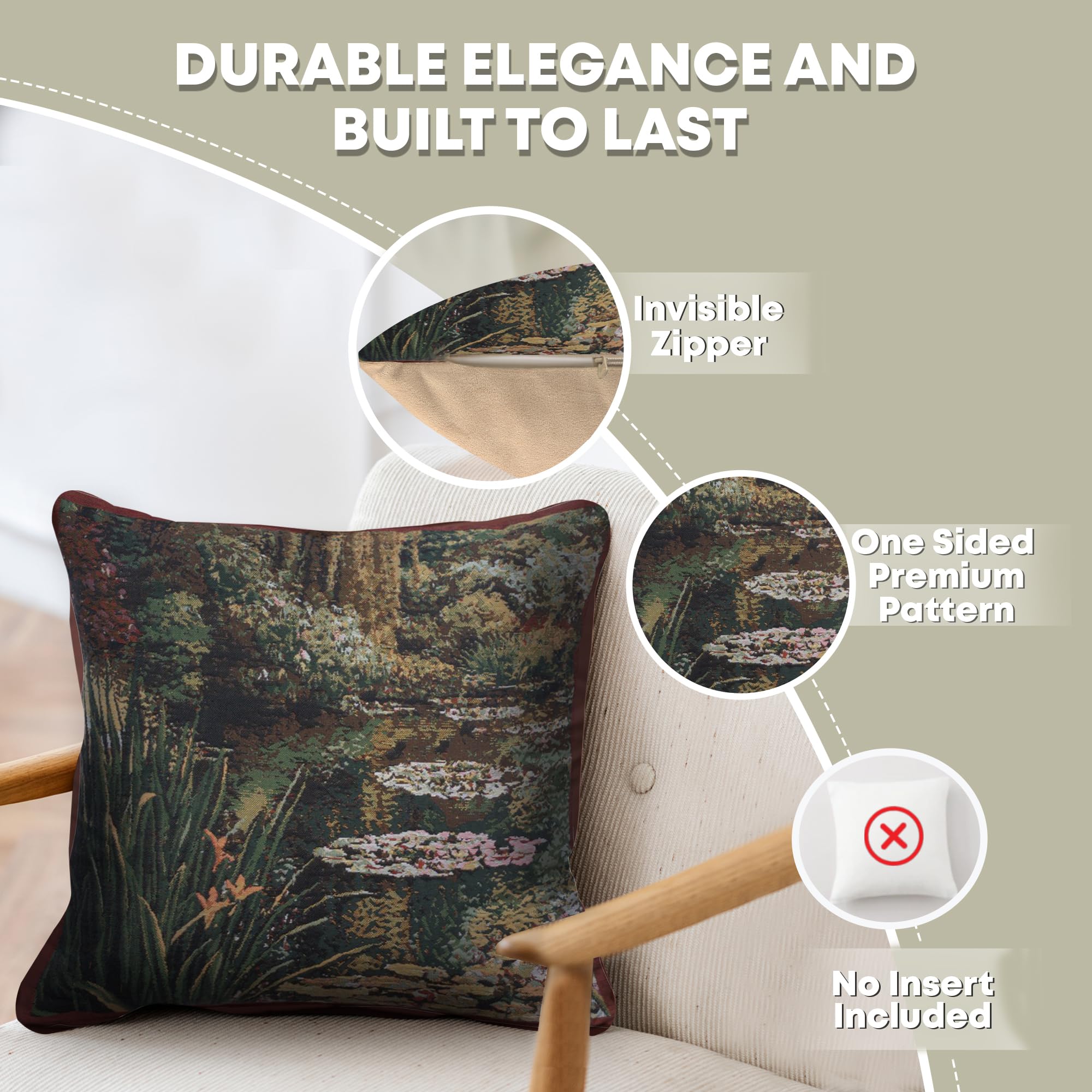Charlotte Home Furnishings 17x17 Inch Greenery Monet Garden Decorative Throw Pillow Cover - European Cotton Jacquard Woven Cushion Case for Sofa, Bed & Living Room - Perfect for Modern Home Decor, Farmhouse Style & Cozy Interior Design