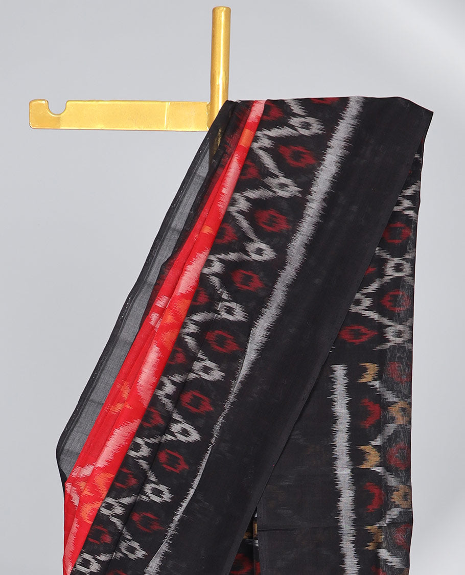 Stylish Black and Red Argyle Ikat Cotton Saree with Plain Border & Argyle Pallu - Perfect for Weddings, Parties, and Cultural Events