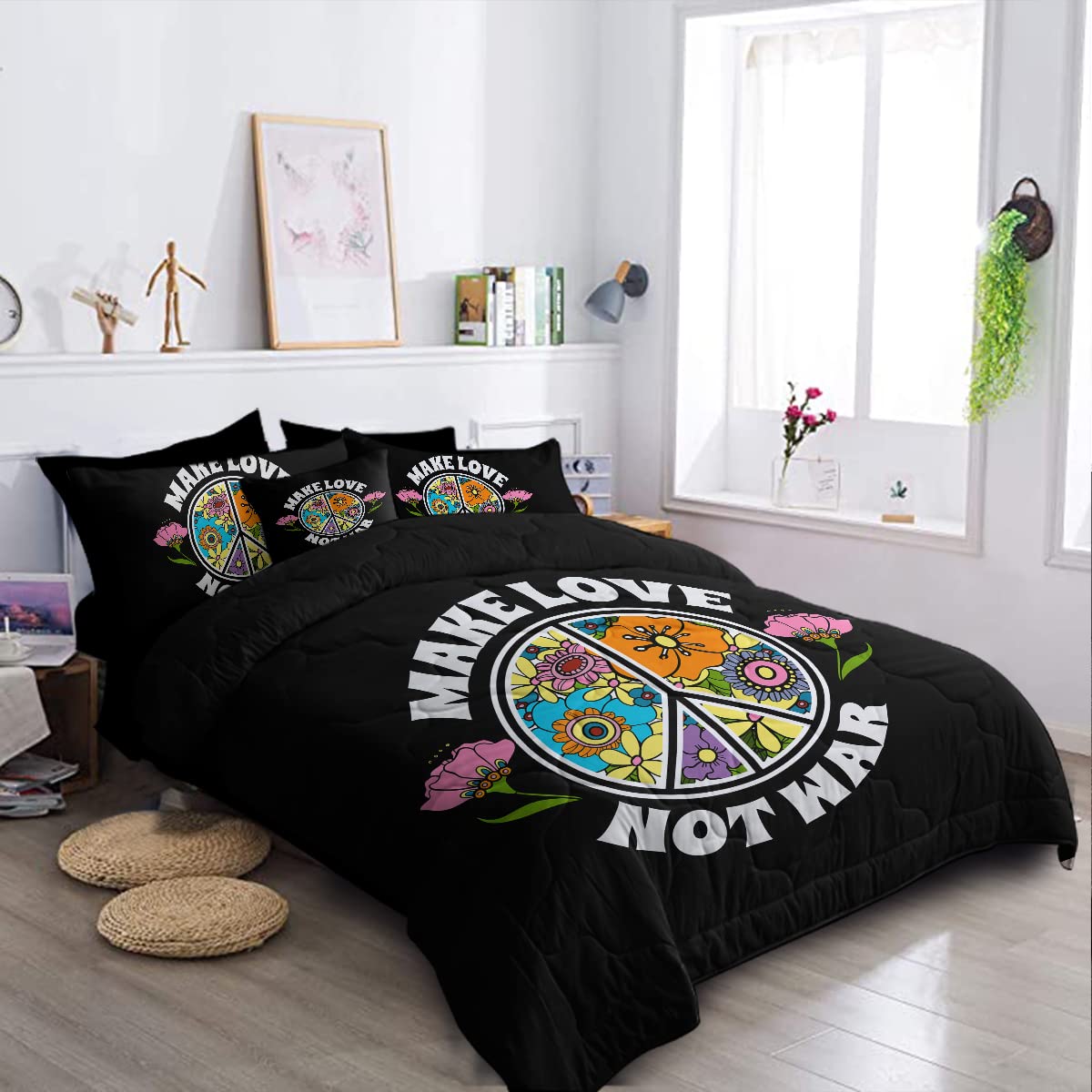 BlessLiving Love Peace Sign Twin Comforter Set - 8 Piece Hippie Bed in a Bag with Black Floral Design | Lightweight All-Season Down Alternative Bedding for Twin Beds | Perfect for Bohemian Bedrooms, Dorm Rooms & Teen Girls' Bedrooms