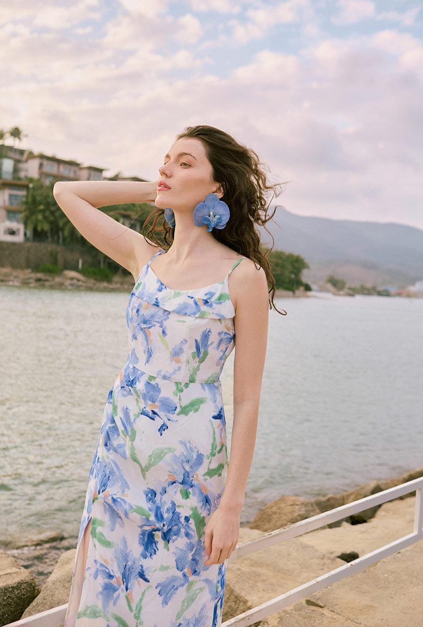 Marion Dress - Blue Floral Print Women's Summer Dress | Perfect for Beach Vacation, Garden Party & Casual Outings
