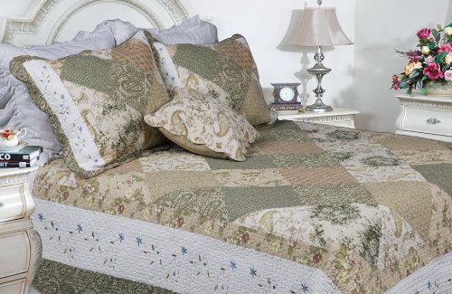 Laura 100% Cotton 3-Piece Floral Quilt Set - Vermicelli-Quilted Embroidered Patchwork Bedding - Full/Queen Size - Perfect for Cozy Bedrooms, Guest Rooms & Farmhouse Decor