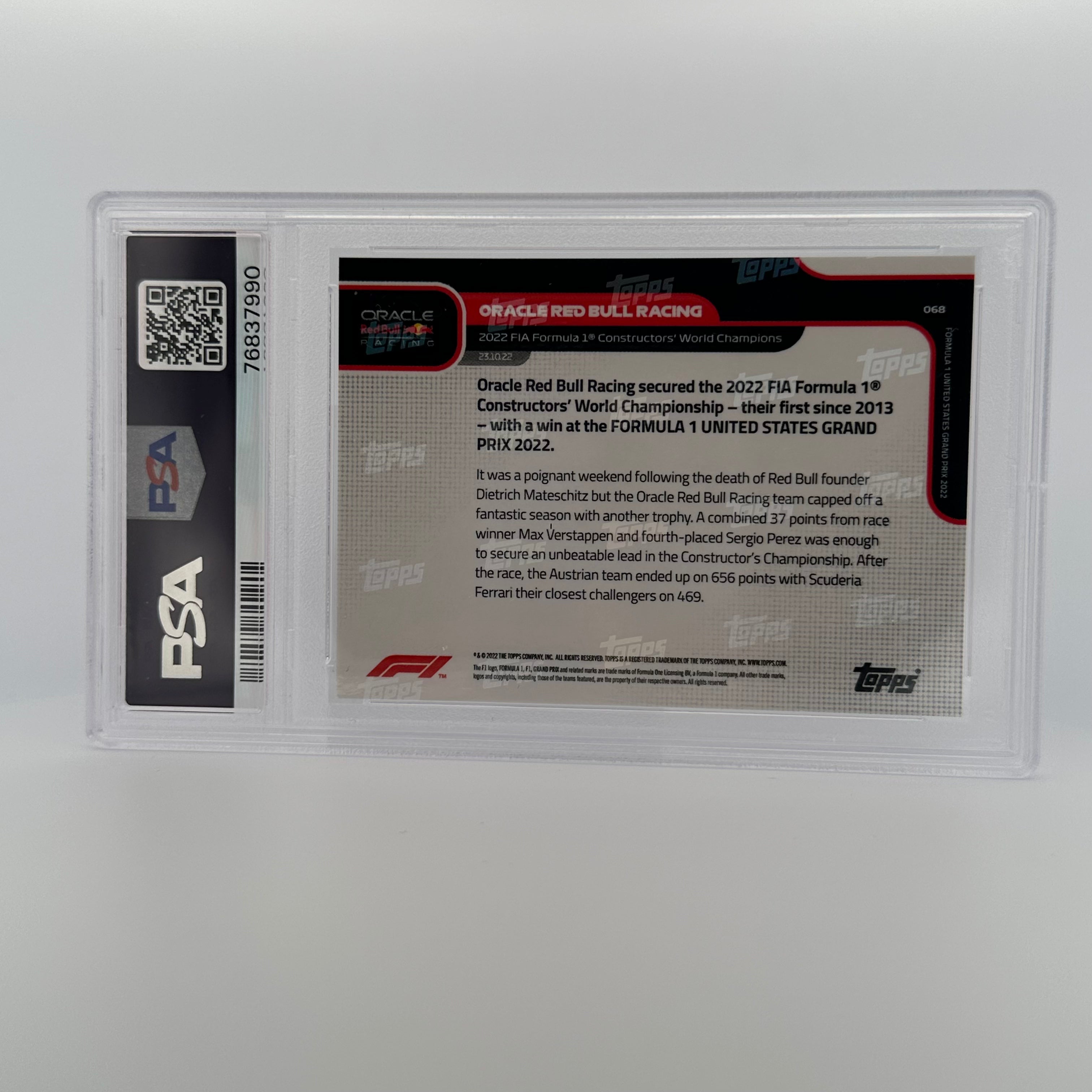 PSA 10 Graded 68/99 Oracle Red Bull Racing #68 F1 Trading Card - Perfect for Collectors, Sports Memorabilia & Formula 1 Fans