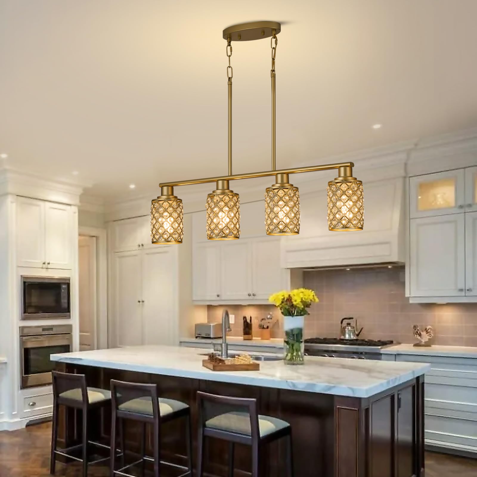 Farmhouse Gold 4-Light Linear Chandelier with K9 Crystal & Gold Grid Shade - Modern Kitchen Island Lighting & Dining Room Pendant Light Fixture for Farmhouse, Rustic, and Contemporary Home Decor (Perfect Over Dining Tables, Kitchen Islands, and Entryways)