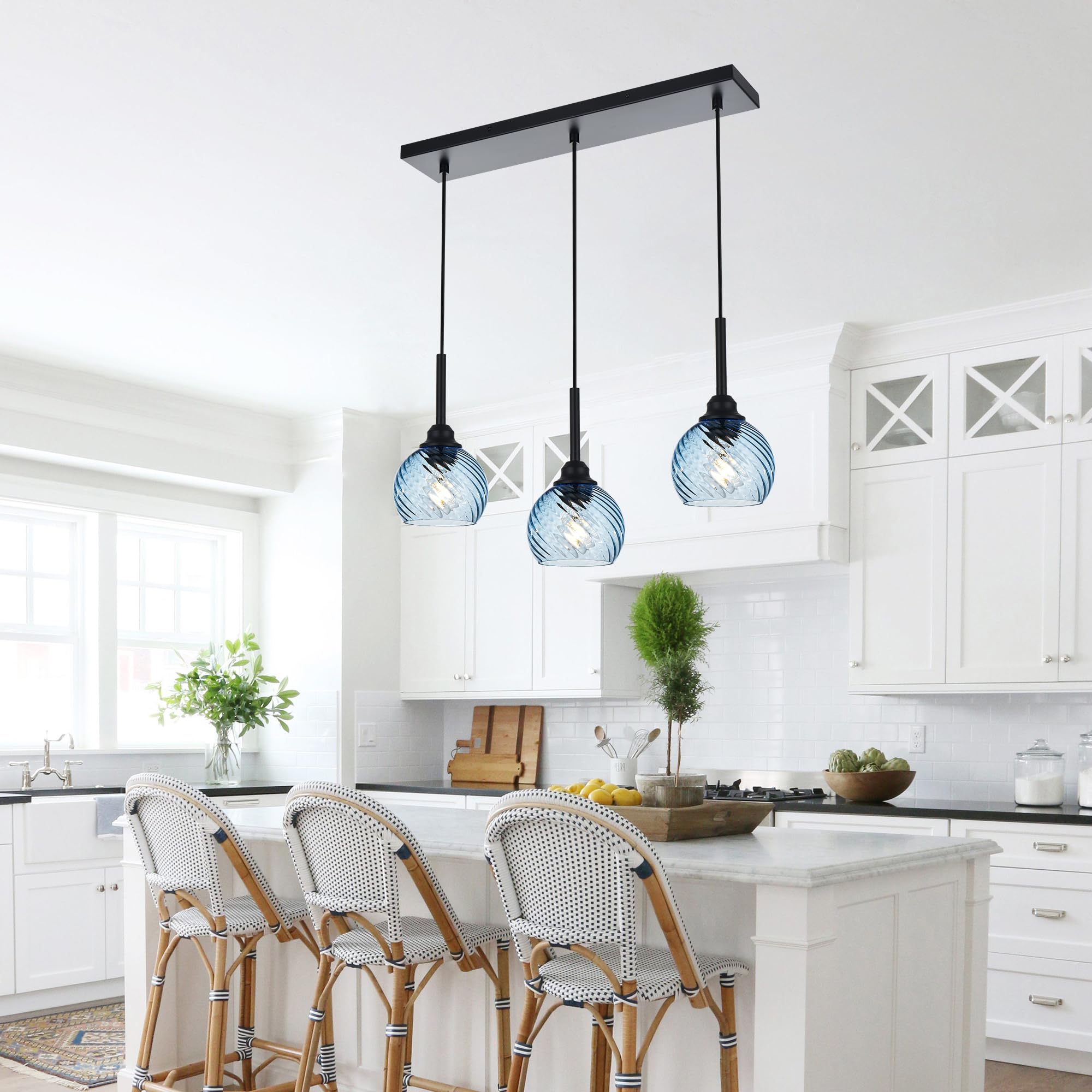Black Linear Hanging Pendant Light Fixture - 3-Light Farmhouse Chandelier with Striped Swirl Glass Globes for Kitchen Island, Dining Room, Bar & Living Room | Modern Rustic Lighting for Home Decor