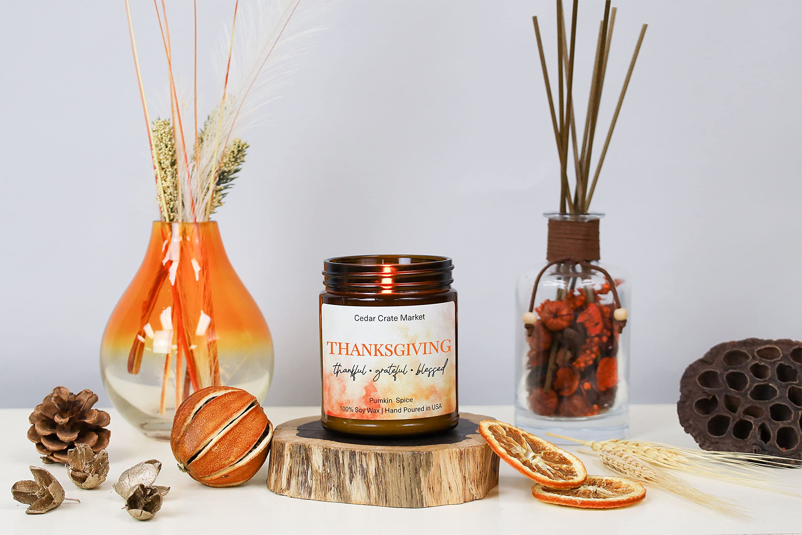 Thanksgiving Pumpkin Spice Scented Candle - Grateful Best Friend Gift with Warm Autumn Aromas of Pumpkin, Cinnamon, Nutmeg & Ginger | Perfect Fall & Winter Decor for Cozy Home, Relaxing Aromatherapy for Women & Men | Ideal for Thanksgiving Gatherings, Holiday Parties & Stress Relief