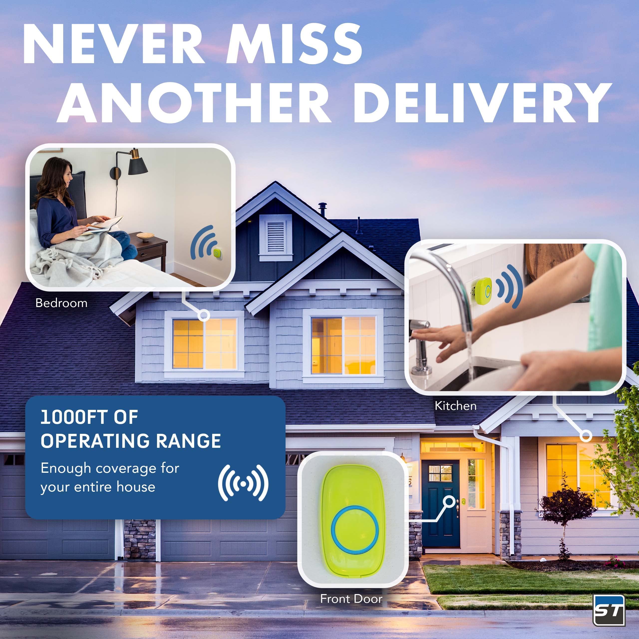 SadoTech Wireless Doorbell for Home - Battery Operated, 1000ft Range, LED Flash Alert, 1 Push Button & 2 Receivers, Matte Black - Perfect for Apartments, Houses & Offices