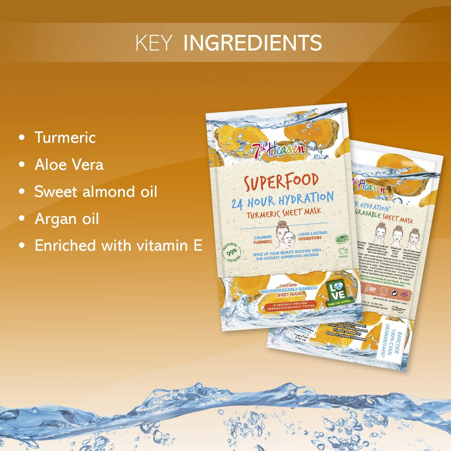 7th Heaven Superfood Intense Hydration Turmeric Biodegradable Bamboo Sheet Mask 24g - Cruelty-Free Vegan Face Mask with Aloe Vera for Soothing & Glowing Skin | Pack of 1 | Perfect for Spa Nights, Self-Care Routines & Post-Sun Skin Recovery
