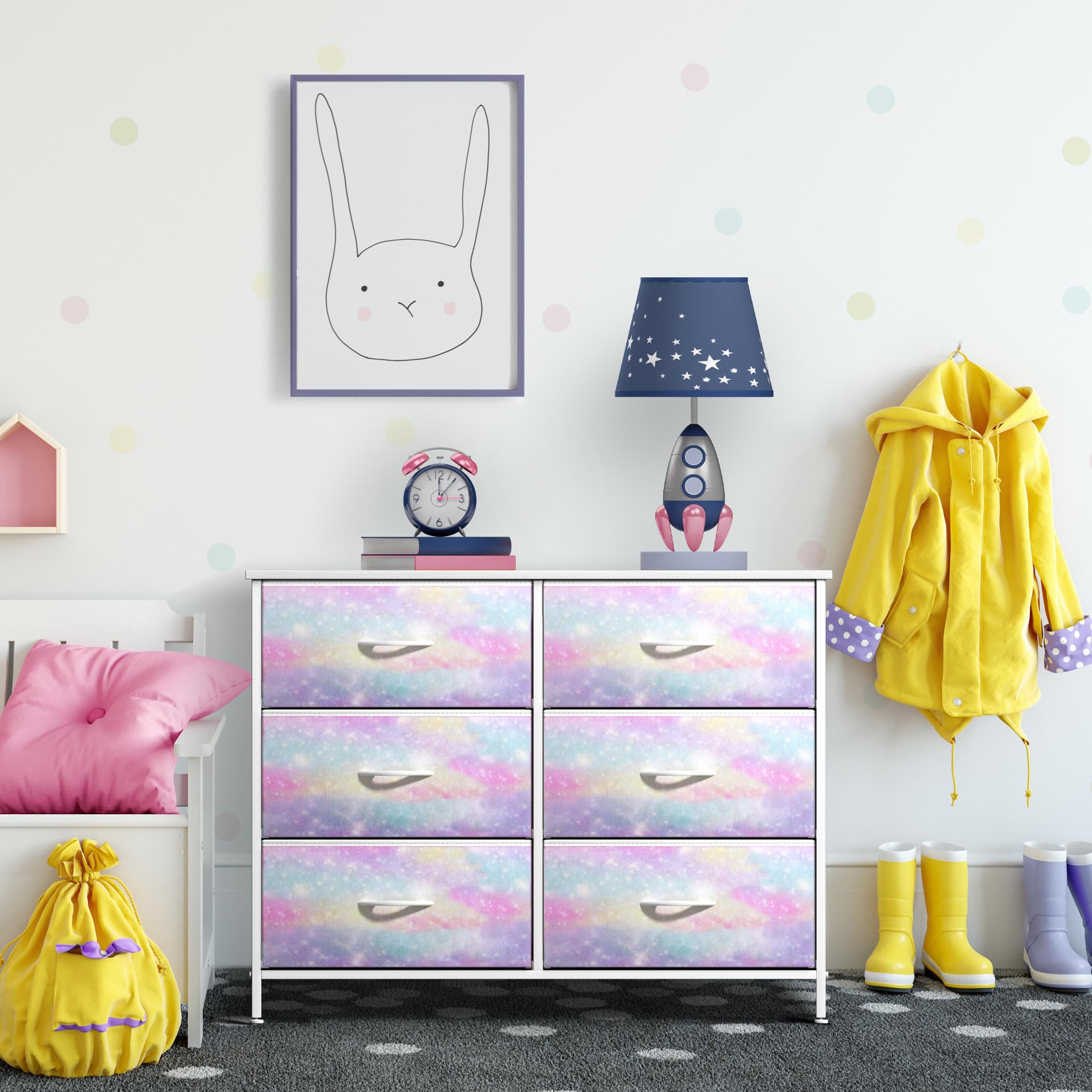 Sorbus 6-Drawer Kids Dresser with Wood Top & Tie-Dye Fabric Bins - Sturdy Steel Frame Storage Organizer for Bedroom, Nursery, Closet - Perfect for Clothes, Toys & Baby Essentials Organization