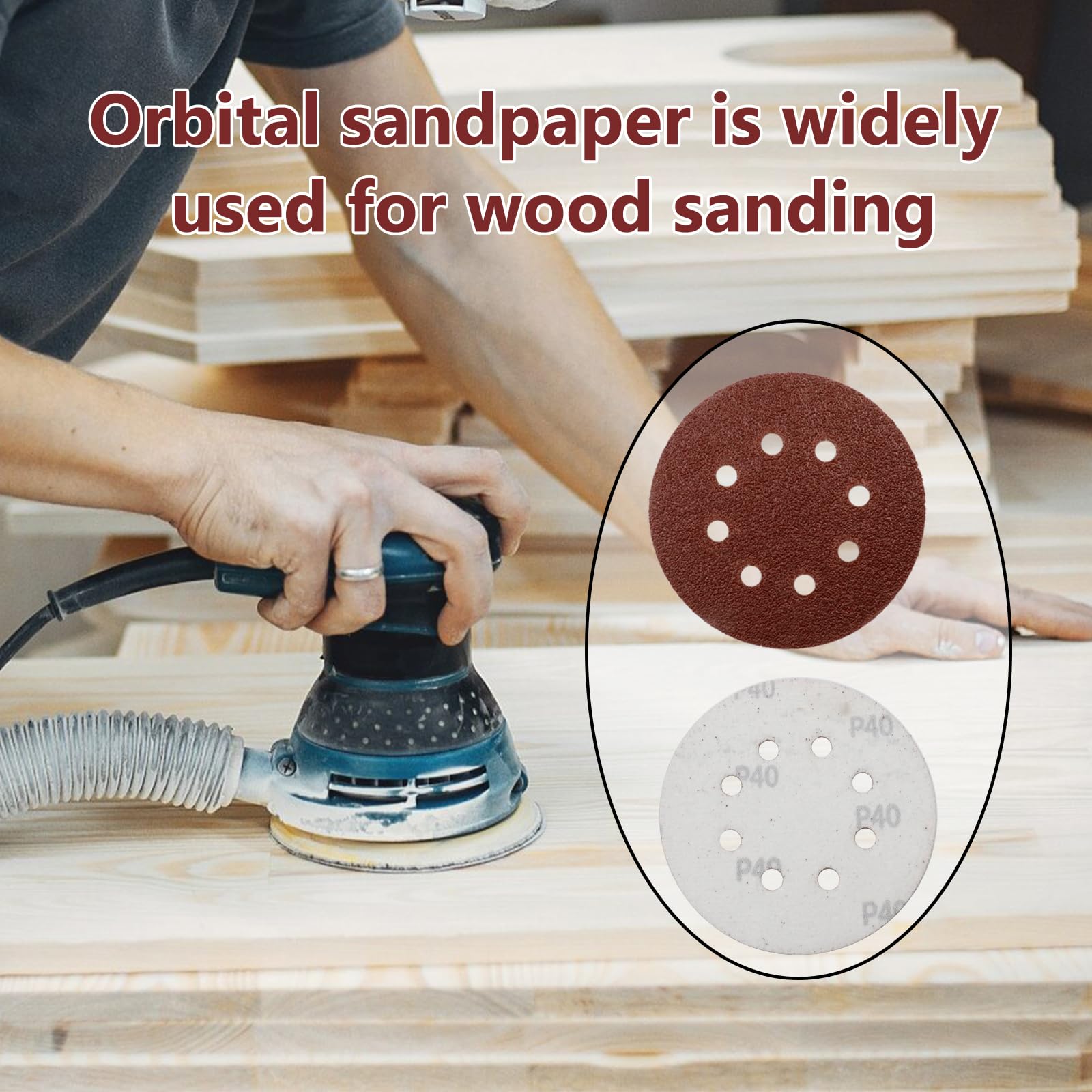 50-Pack 5-Inch 40 Grit Sanding Discs - 122mm 8-Hole Hook & Loop Sandpaper for Angle Grinder & Random Orbit Sanders - Durable Abrasive Polishing Pads for Wood, Metal & Auto Body Work