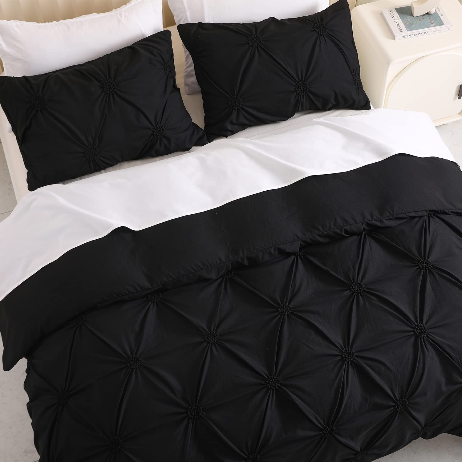 Luxury Ruched Floral Pintuck 3-Piece Queen Comforter Set - Soft Microfiber Down Alternative Bedding in Black | Shabby Chic Style for Master Bedroom, Guest Room & Dorm Decor