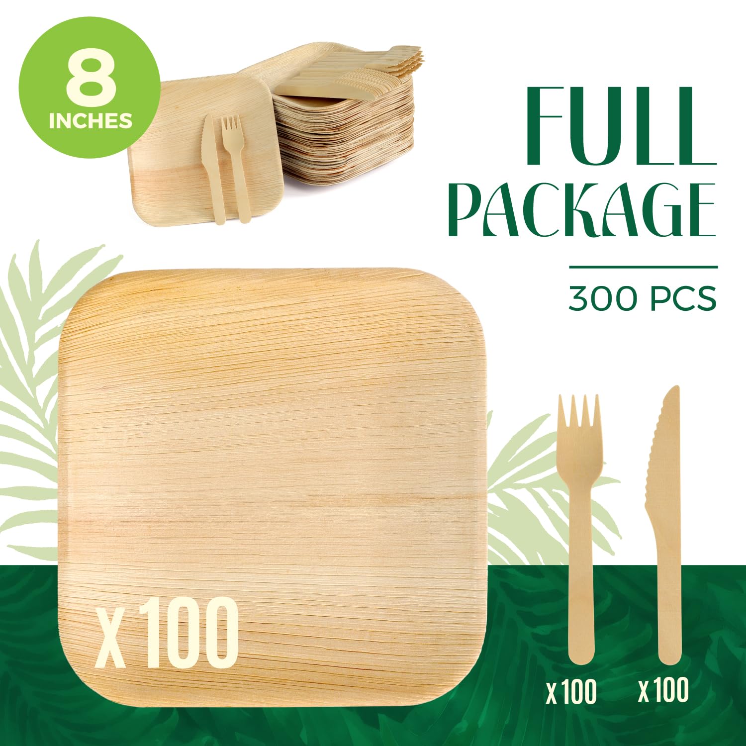 300-Pack Eco-Friendly Compostable Square Palm Leaf Dinnerware Set - 100 of 8