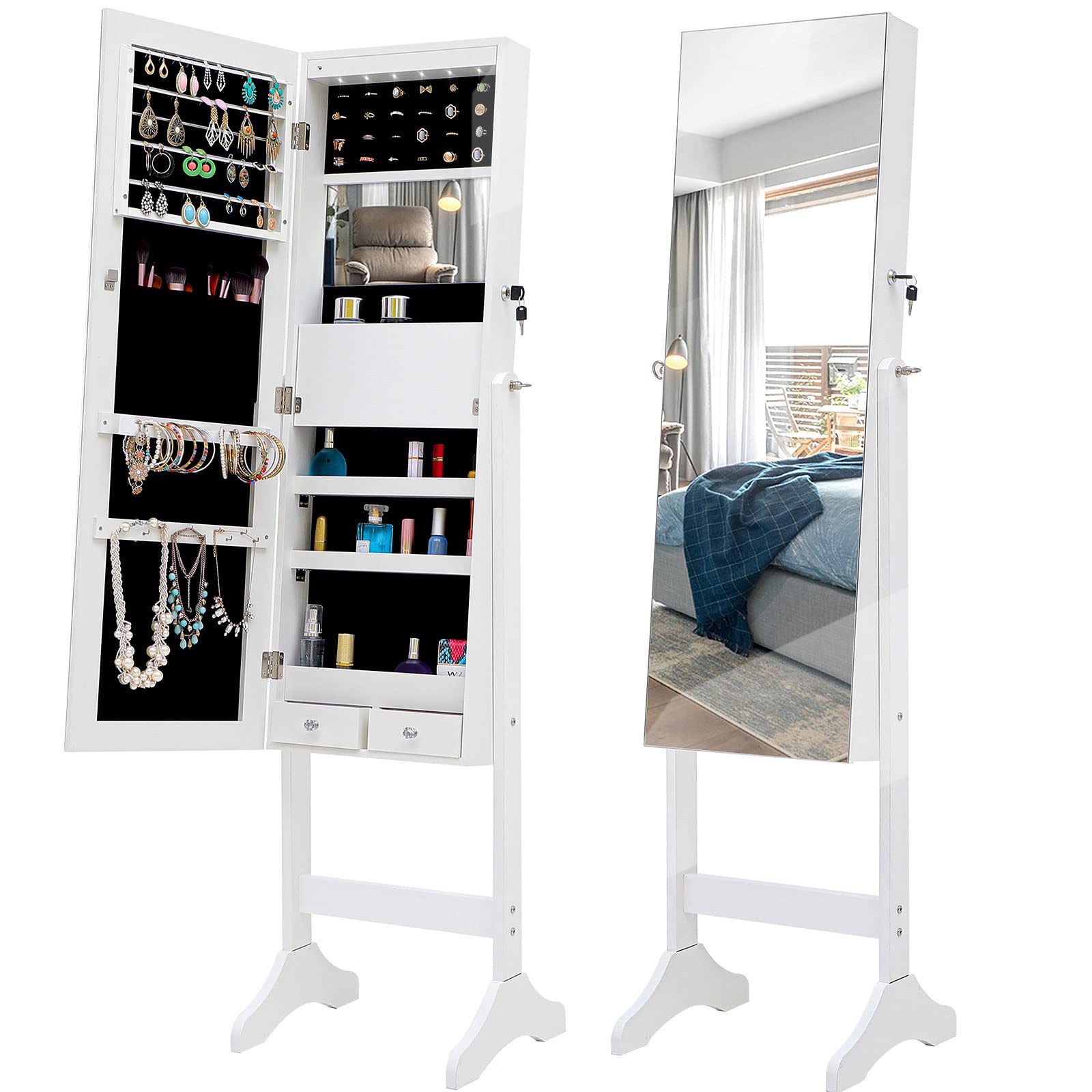 Goujxcy 6 LED Jewelry Organizer - Wooden Standing Jewelry Cabinet with Full-Length Mirror, Large Lockable Storage & LED Lights - Perfect for Bedroom, Closet & Dressing Room (White)