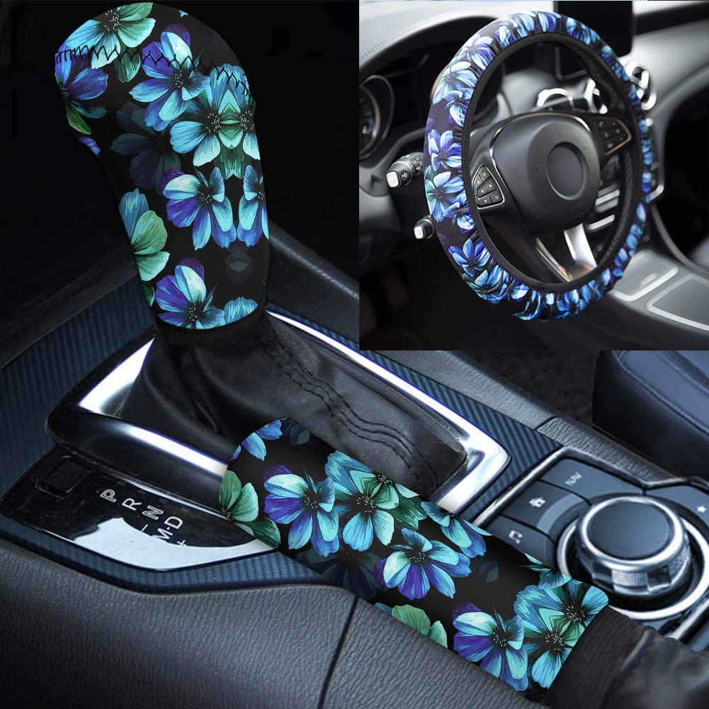 INSTANTARTS Elastic Anti-Skid Car Steering Wheel Cover + Gear Shift Knob Cover + Handbrake Cover - 3 Piece Set (Blue Floral Pattern) | Non-Slip Grip & Comfort Driving | Perfect for Daily Commute & Road Trips