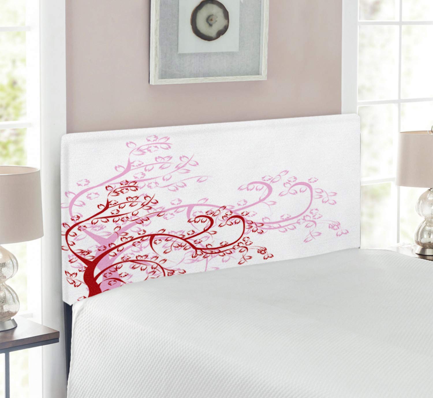 Ambesonne Japanese Style Twin Size Headboard - Spiral Swirling Magnolia Leaf Design, Upholstered Metal Frame with Memory Foam (Red & White) - Perfect for Bedroom Decor, Guest Rooms & Modern Home Interiors