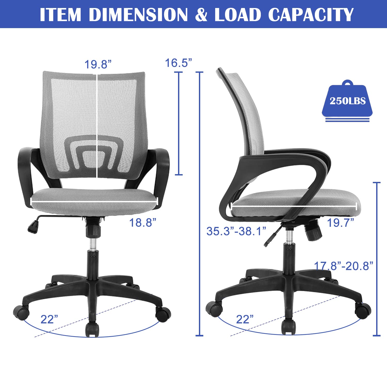 Ergonomic Office Chair with Mesh Back & Wheels - Adjustable Mid Back Computer Chair for Heavy People, Executive Swivel Desk Chair for Kids & Adults - Grey - Perfect for Home Office, Gaming & Study