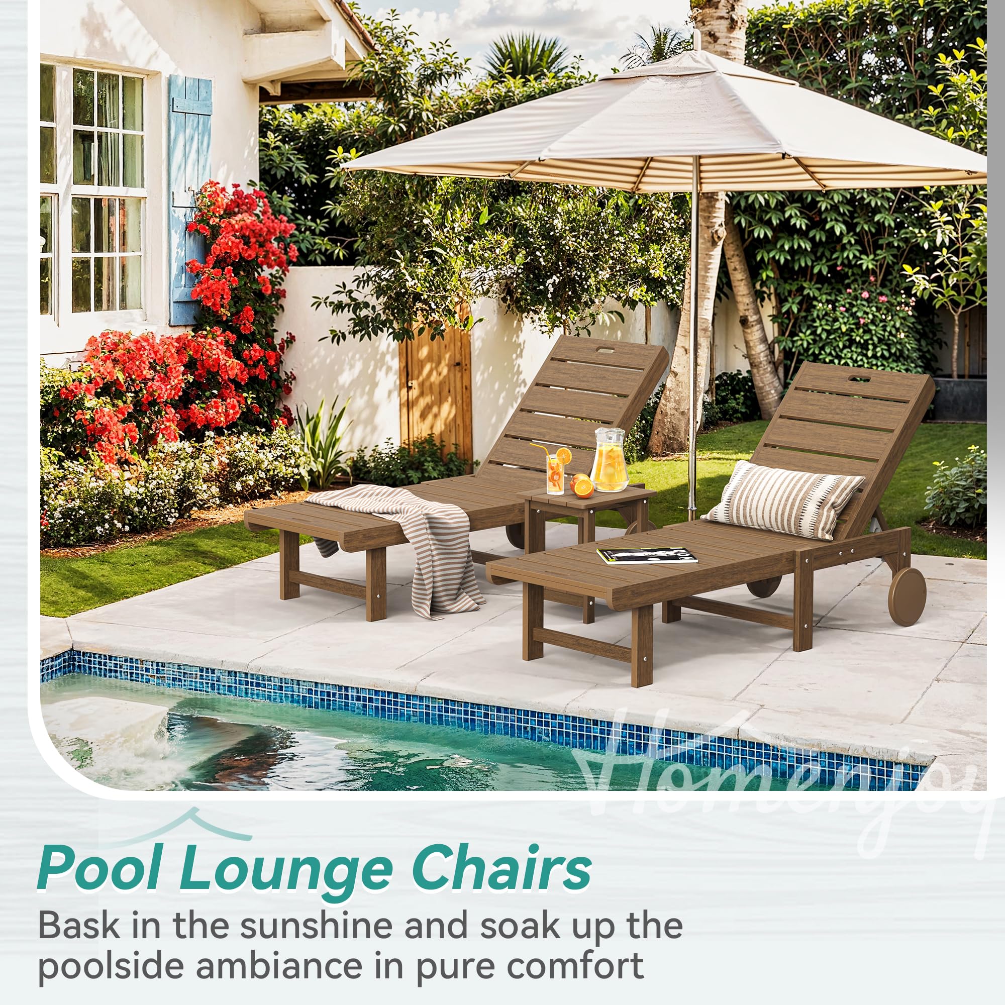 2-Pack HDPS Outdoor Lounge Chairs with 5-Position Adjustable Backrest & Wheels - Patio, Poolside & Beach Chaise Lounge Set (Brown) - Perfect for Sunbathing, Relaxing by the Pool or Coastal Getaways