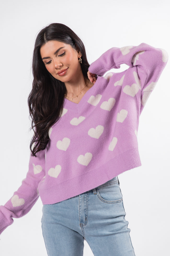 By The Book Lilac Hearts V Neck Sweater for Women - Cozy Knit Pullover Perfect for Date Night, Office Wear & Casual Outfits (Final Sale)