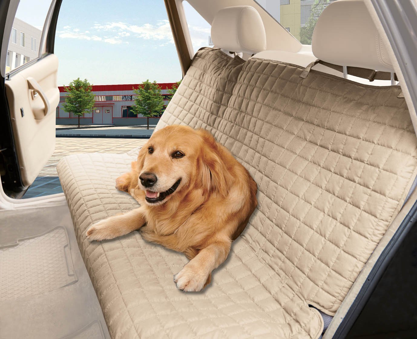 Premium Waterproof Quilted Bench Seat Cover for Pets - 100% Waterproof, Non-Slip Ties, Beige | Protects Car Seats from Scratches, Hair & Dirt - Perfect for Travel, Daily Commute & Pet Adventures