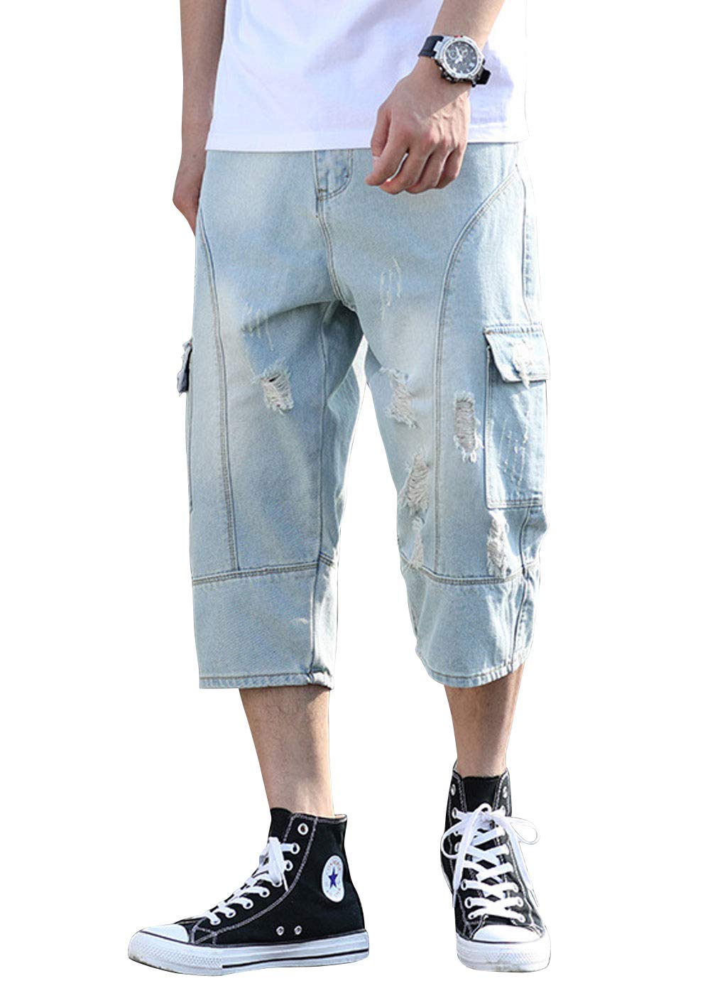 ebossy Men's Loose Fit Ripped Distressed Denim Cargo Shorts - 3/4 Length Below Knee Capri Style for Summer Casual Wear, Street Fashion & Outdoor Activities