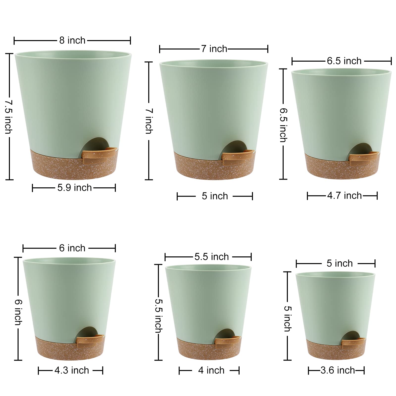 Self Watering Plant Pots with Drainage Holes & Saucers - 5 to 8 Inch Indoor Flower Planters (Set of 6, Green) - Perfect for Home Decor, Office Plants, Herb Gardens & Succulent Arrangements