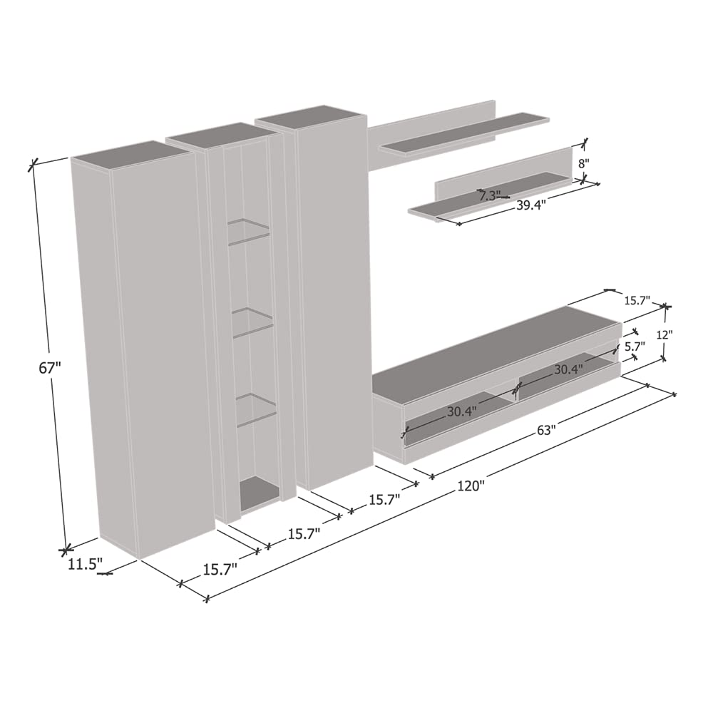 Modern White Wall-Mounted TV Stand with Storage Shelves & LED Lights - 34