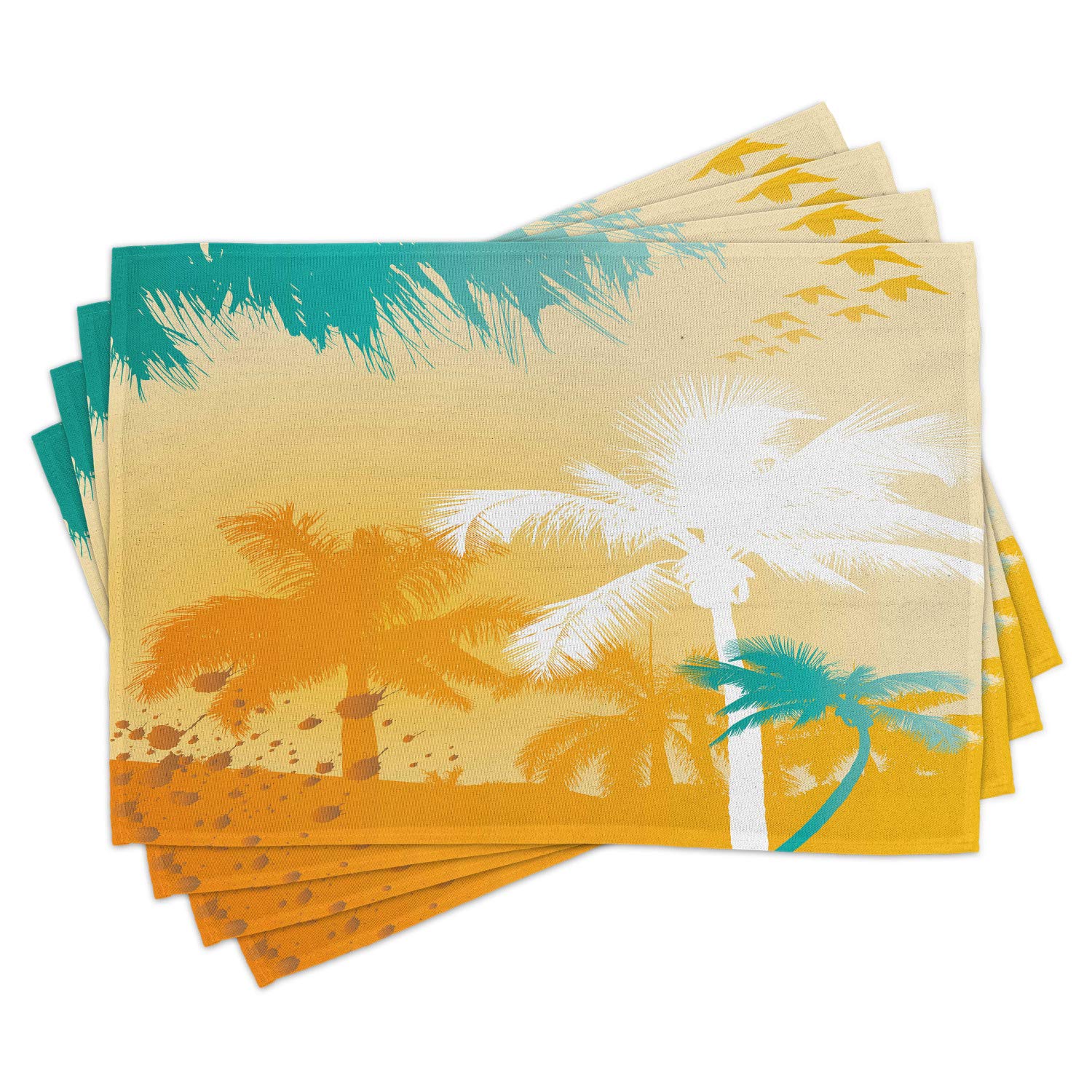 Ambesonne Tropical Place Mats Set of 4 - Vibrant Palm Silhouette Retro Design, Washable Fabric Table Mats for Dining Room & Kitchen Decor in Marigold, Teal & White | Perfect for Beach-Themed Parties, Summer Dining & Boho Home Styling