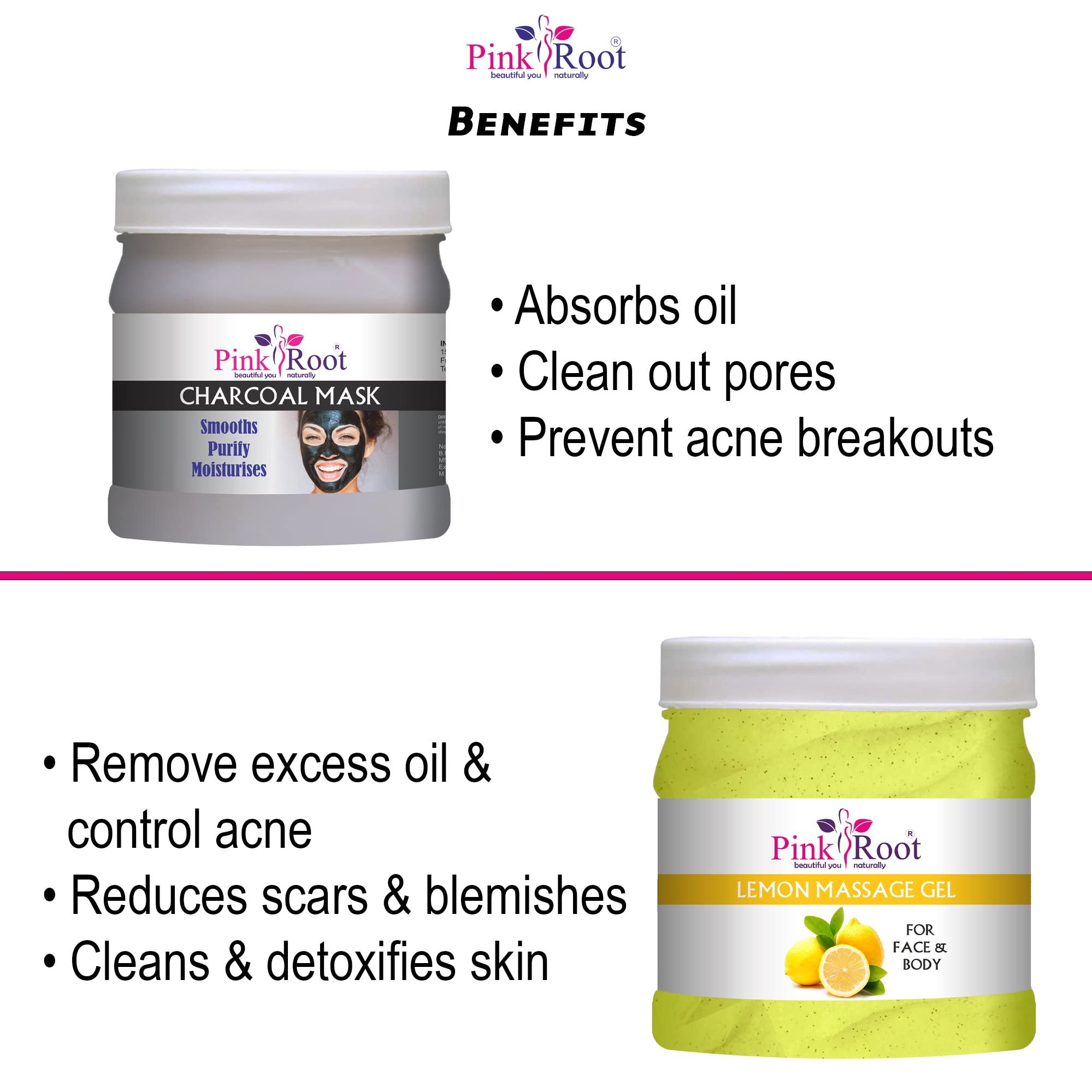 Pink Root Lemon Massage Gel & Charcoal Mask Set - 500ml Each for Deep Relaxation & Skin Detox | Perfect for Spa Nights & Self-Care Routines
