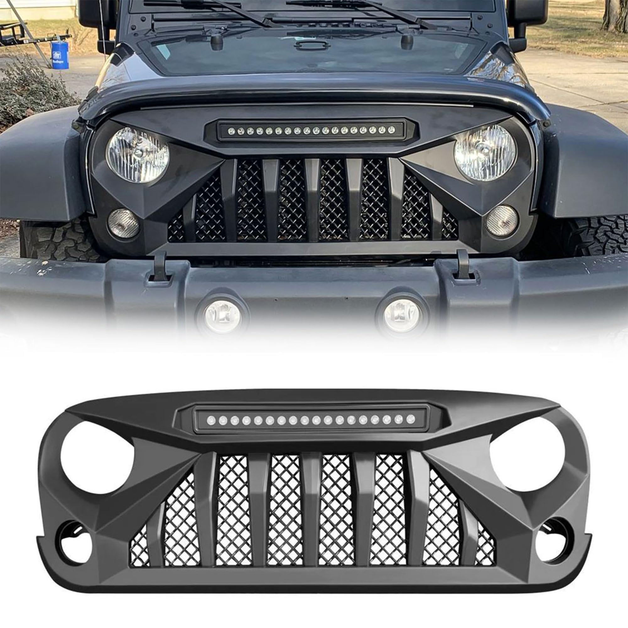 2007-2018 Jeep Wrangler JK/JKU Front Grille Cover with Off-Road Lights | Matte Black | Fits Rubicon & Sahara Sport Models | Durable Off-Road Protection for Trail & Urban Driving