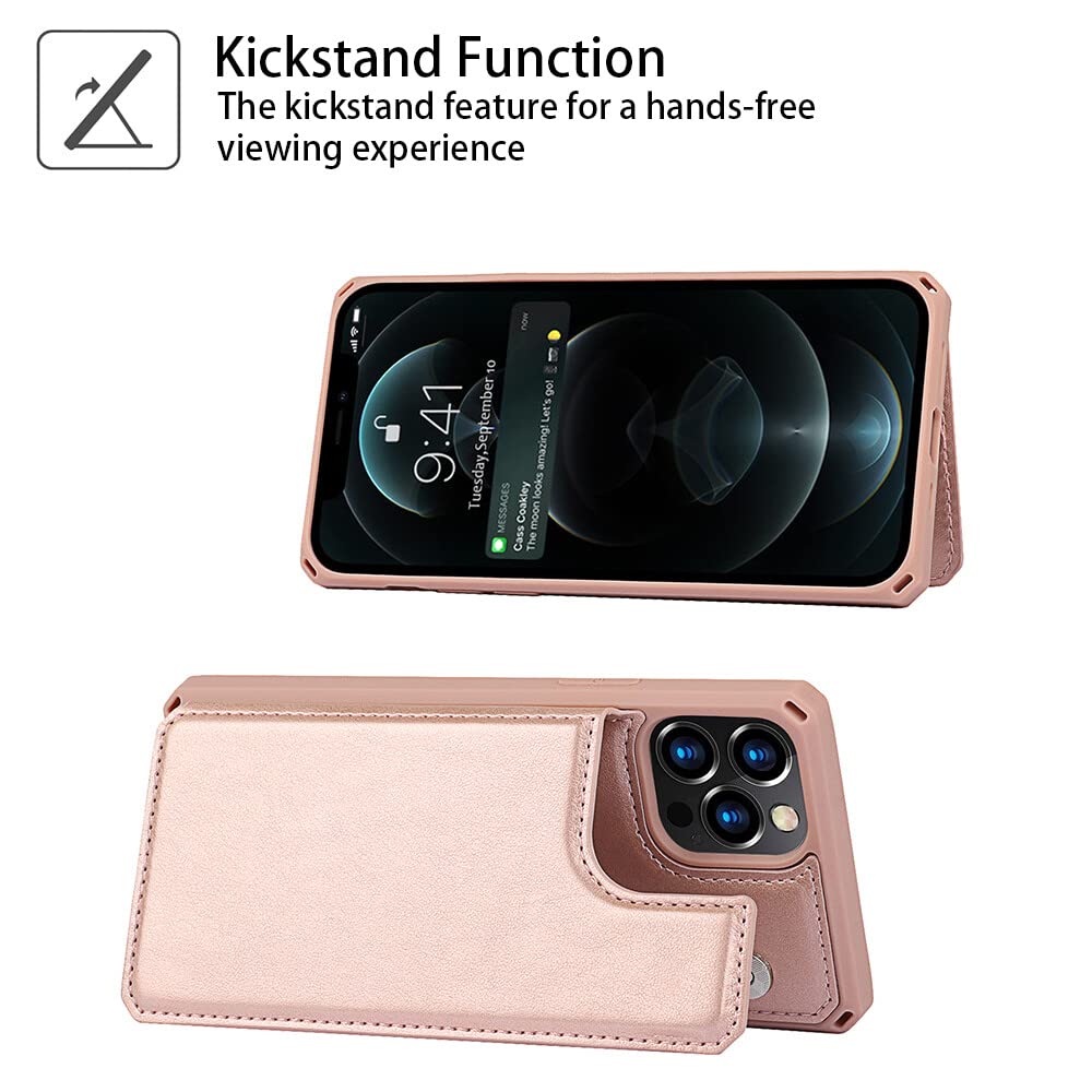 Premium Leather iPhone 12 Case with Card Holder & Stand - Shockproof Wallet Phone Cover for iPhone 12/12 Pro (Rose Gold) - Perfect for Work, Travel & Everyday Protection