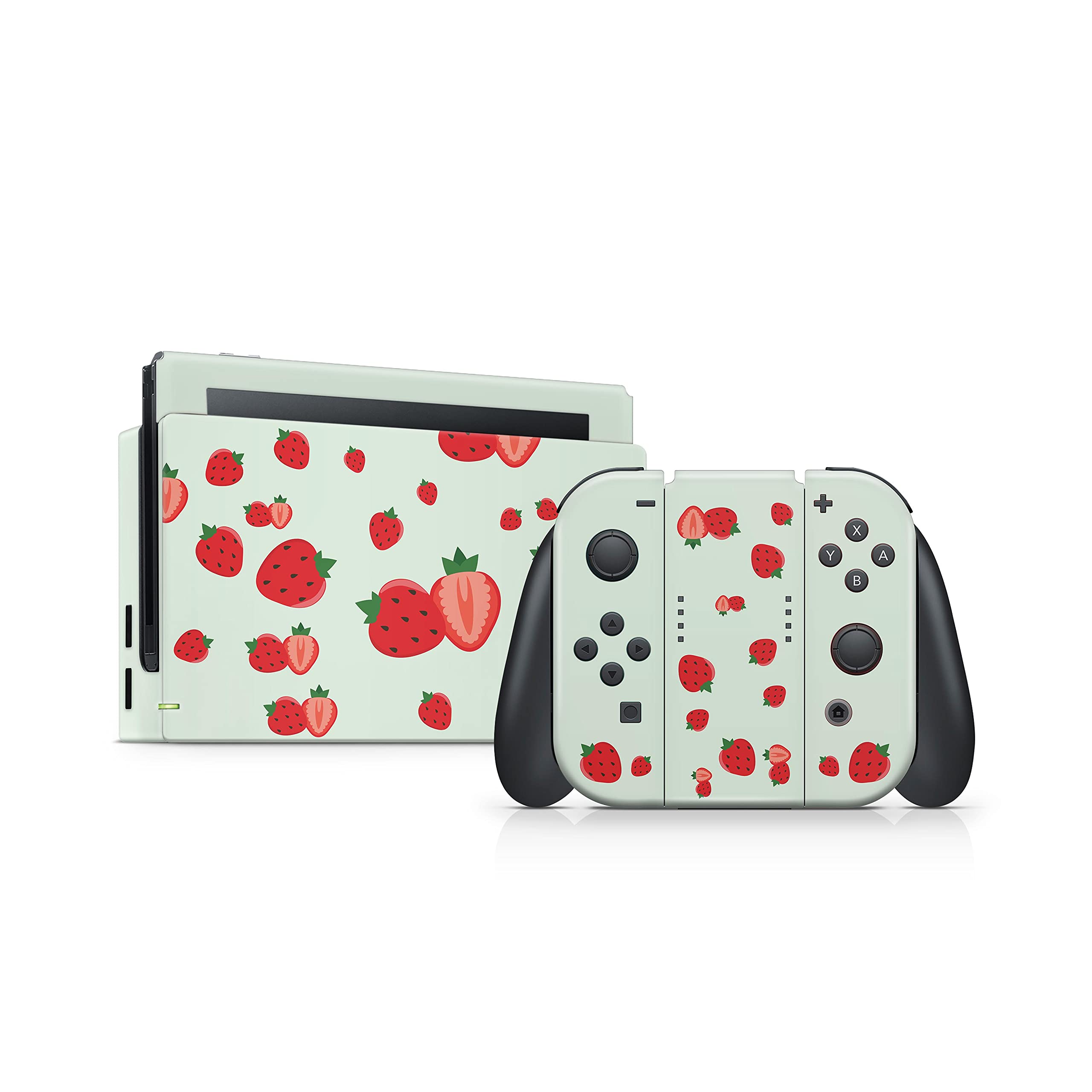 Kawaii Green Strawberry Vinyl Skin Wrap for Nintendo Switch - Premium 3M Full Body Decal Stickers | Protective Cover for Gaming Console | Perfect for Girls, Teens & Anime Lovers Gaming Setup