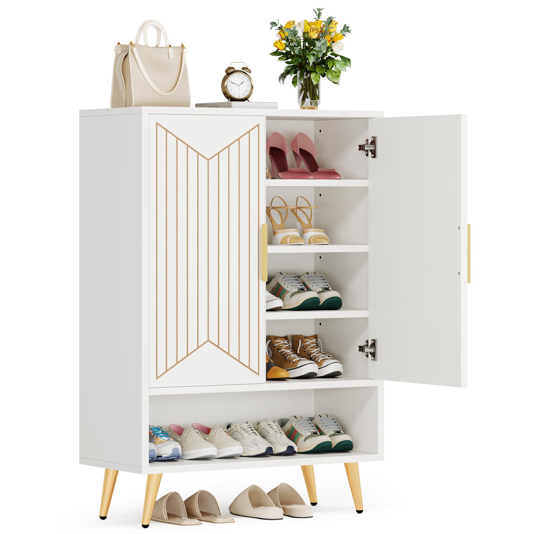 Tribesigns 6-Tier Wooden Shoe Storage Cabinet with Adjustable Shelves - Holds 25 Pairs of Shoes, Entryway Hallway Closet Organizer in Gold & White - Perfect for Small Spaces, Apartment Living & Home Organization