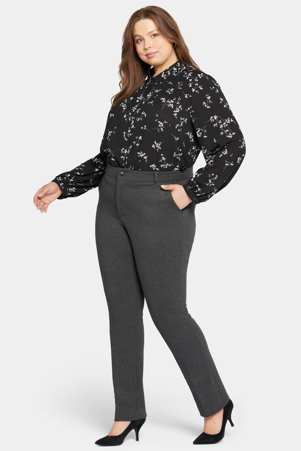 Classic Plus Size Trouser Pants for Women - Charcoal Heathered Stretch Comfort Fit Work Pants for Office & Business Casual Wear