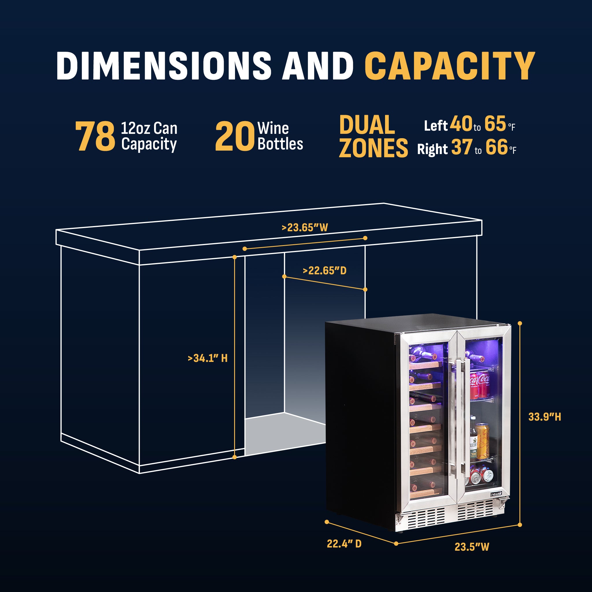 Newair® 24 Inch Dual Zone Wine and Beverage Cooler with French Doors - Perfect for Home Bars, Restaurants, and Wine Cellars
