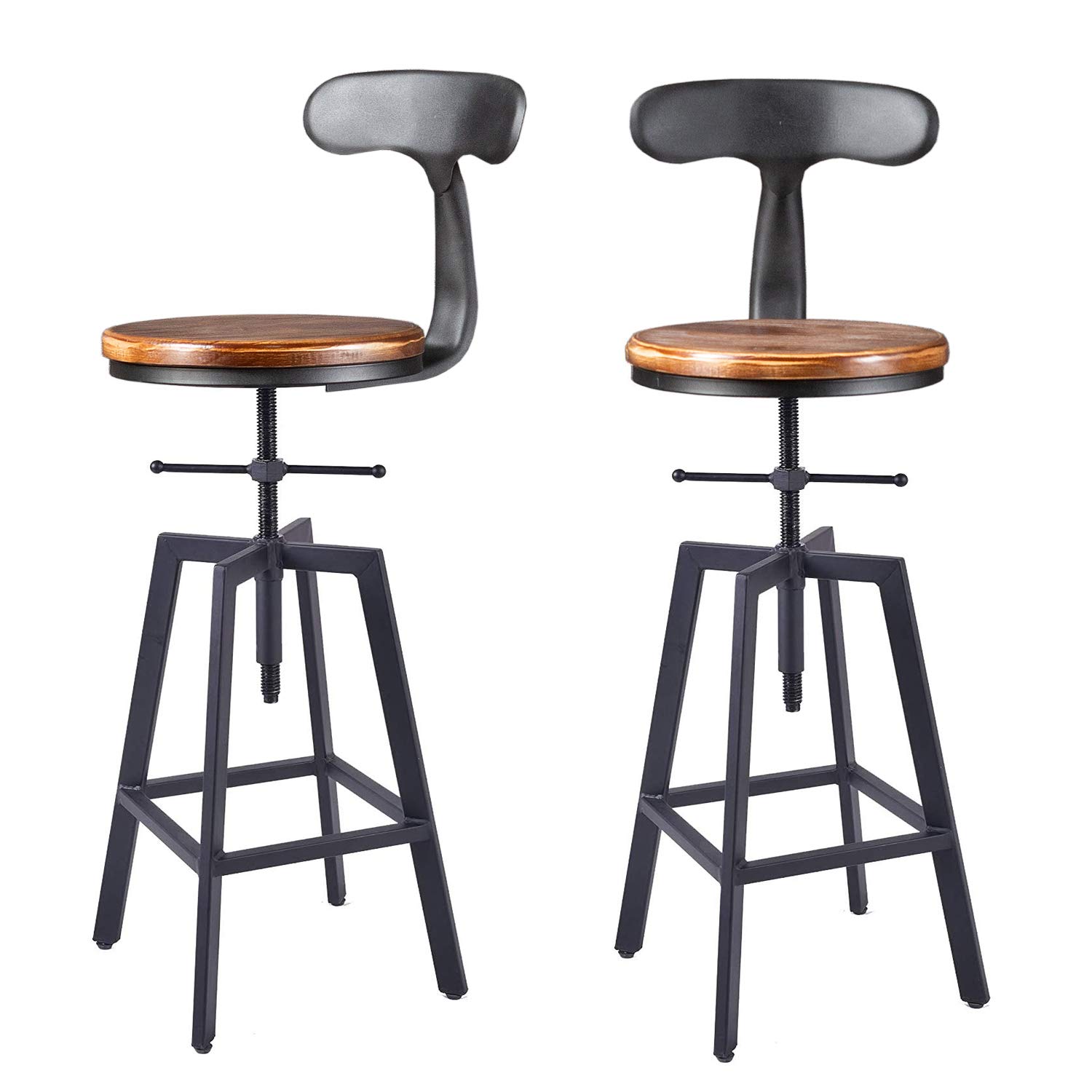Vintage Industrial Adjustable Swivel Bar Stools with Backrest - Set of 2 Metal Counter Height Stools (25.6-31.5 Inch) for Kitchen, Dining Room & Home Bar - Wood Seat Extra Tall Chairs for Pub, Restaurant & Commercial Use