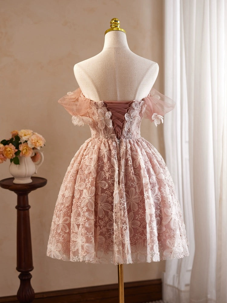 Elegant Pink A-Line Off Shoulder Tulle Lace Short Prom Dress | Homecoming Party Gown | Perfect for Prom Night, Sweet 16, Quinceañera & Formal Dances