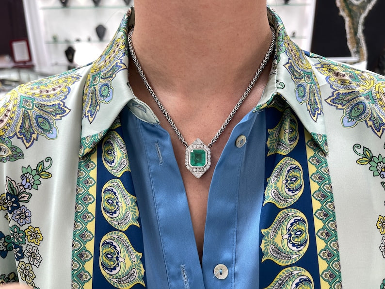 10.21tcw 14K Gold Colombian Emerald Cut & Diamond Vivid Medium Green Halo Cluster Necklace for Women - Elegant Jewelry Gift for Anniversary, Wedding & Special Occasions