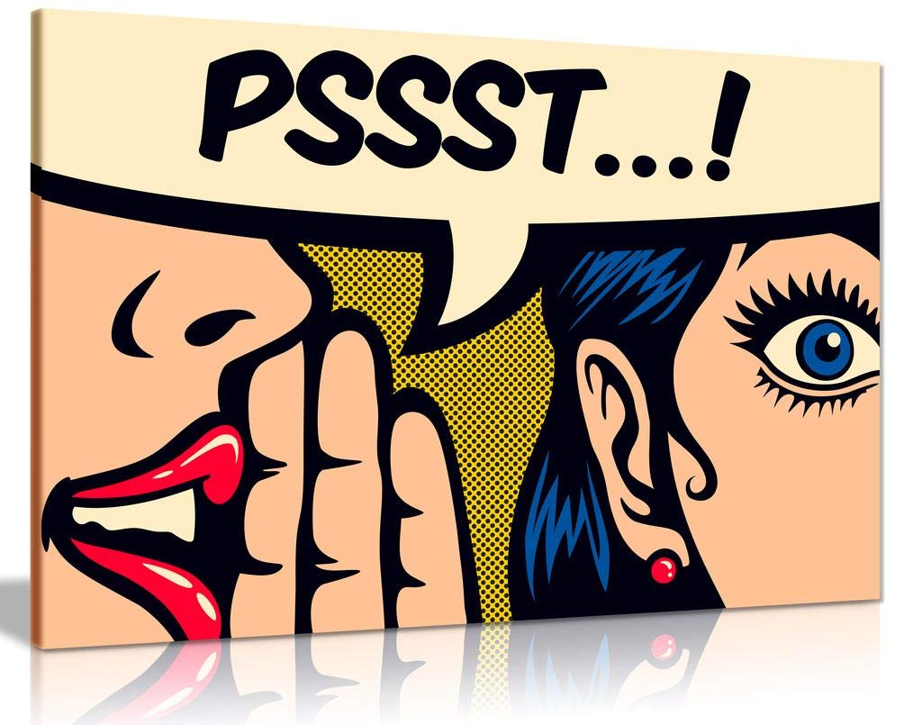 Modern Pop Art Girl 'Pssst!' Canvas Wall Art Print - 18x12 Inches, Vibrant Home Decor for Living Room, Bedroom & Office - Perfect Gift for Art Lovers
