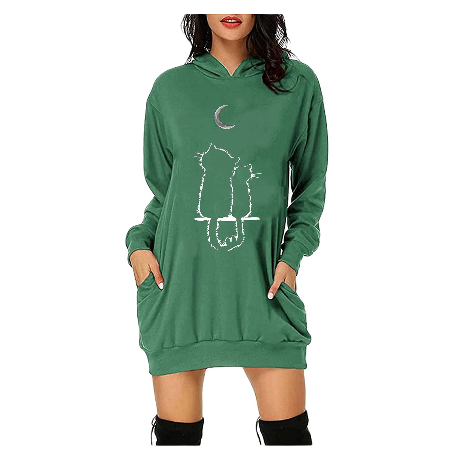 Kishawna Women's Heart Print Hooded Dress - Long Sleeve Oversized Tunic Sweatshirt with Pockets (B Green, 3X-Large) | Casual Loungewear, Streetwear Fashion, Winter Outfit Essential