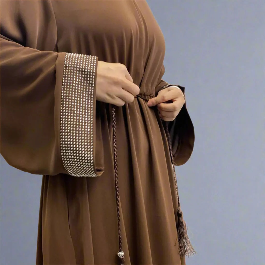 Hotfix Rhinestone Cuff Abaya Dress with Pockets - Elegant Muslim Women's Islamic Clothing for Parties, Weddings & Special Occasions