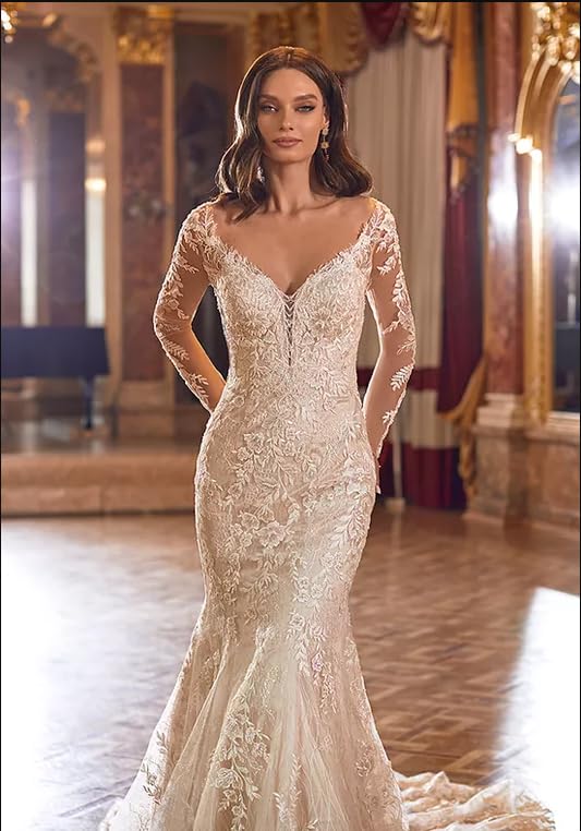 Elegant Long Sleeve Mermaid Wedding Dress with Lace Details - V-Neck Bohemian Bridal Gown for Vintage Beach Weddings, Outdoor Ceremonies & Romantic Photoshoots