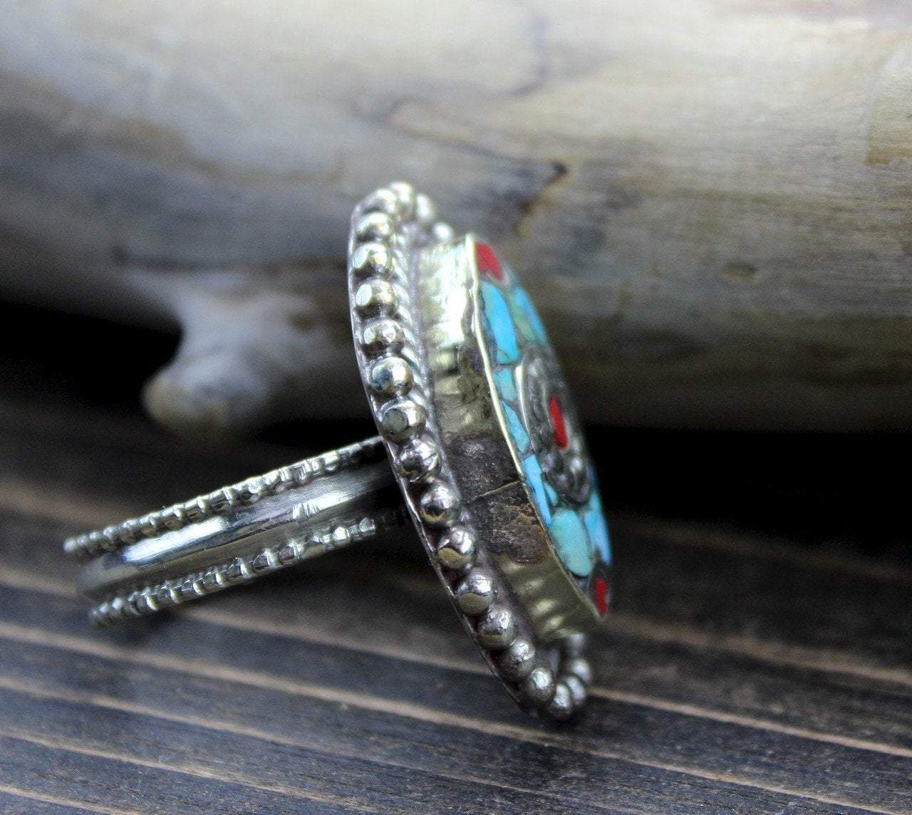 Adjustable Tibetan Coral and Turquoise Ring for Women - Handmade Boho Jewelry, Spiritual Healing Stone Ring, Unique Gift for Yoga & Meditation Lovers
