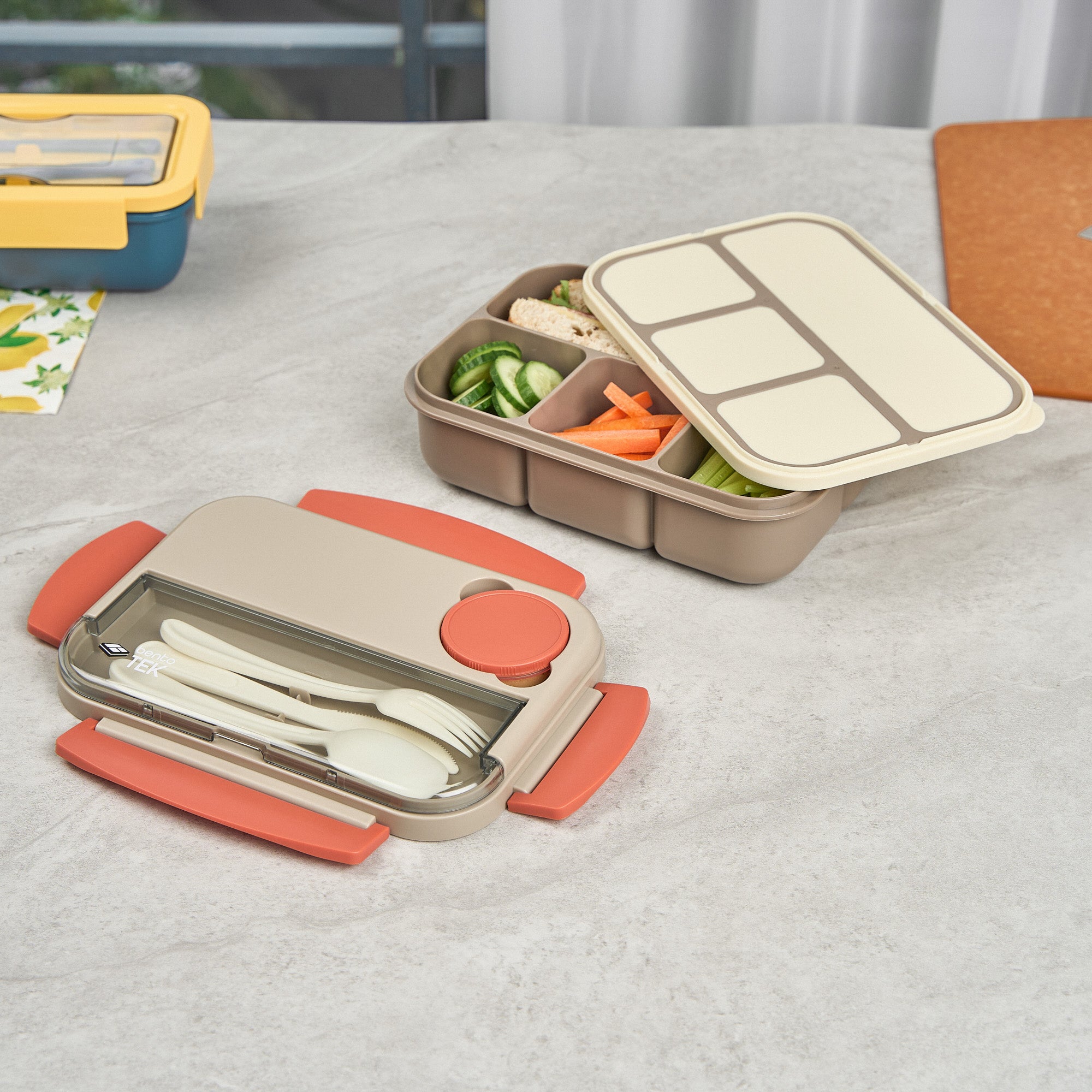 Bento Tek 44 oz BPA-Free Microwave Safe Lunch Box with Utensils - Brown & Orange (9