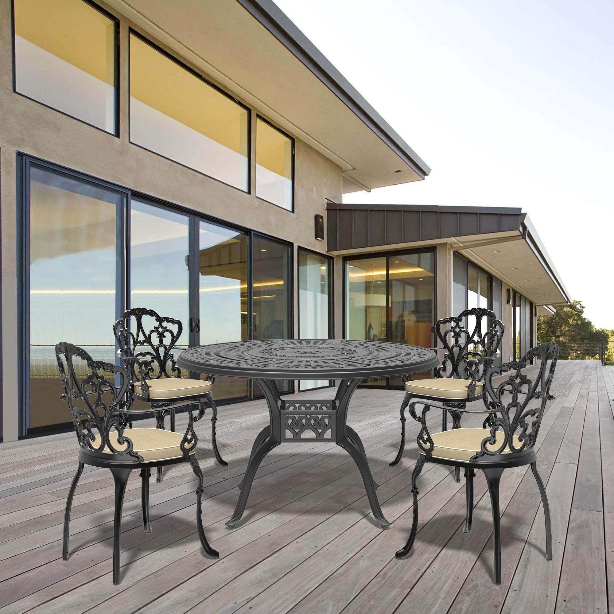 5-Piece Cast Aluminum Patio Furniture Set with Cushions - Durable Outdoor Dining Chairs & Table - Perfect for Garden, Poolside & Backyard Relaxation (Random Color Cushions Included)